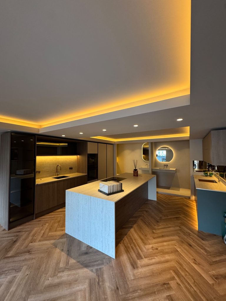 High-resolution photograph of a contemporary kitchen design with custom cabinetry and premium countertops.
