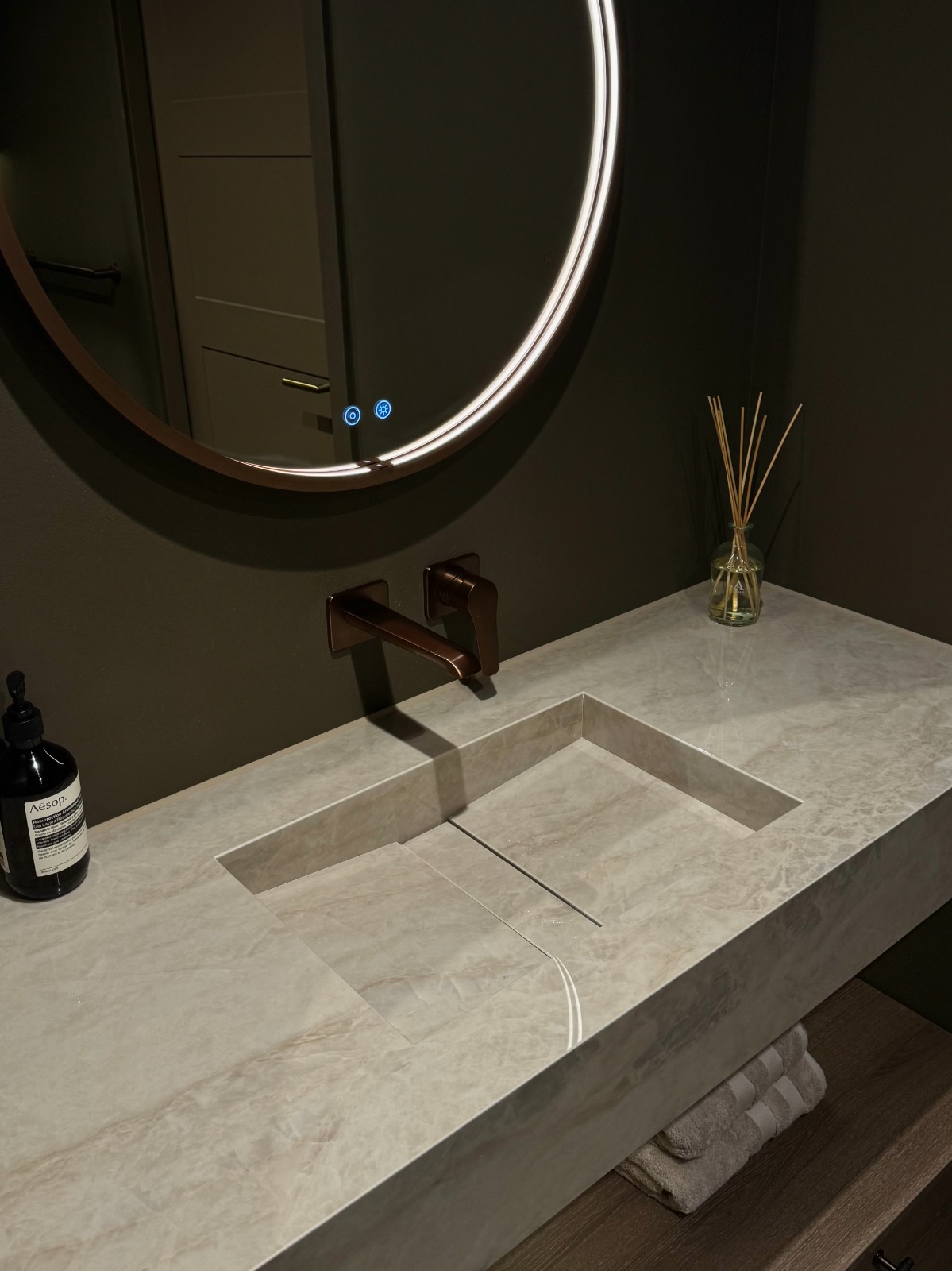 Green Floating Vanity and Mirror Detail